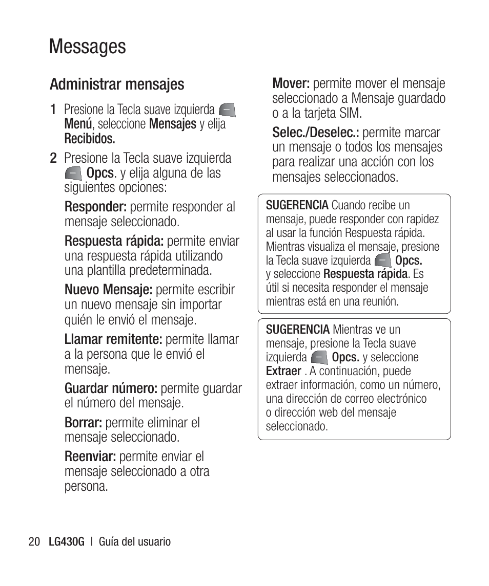 Administrar mensajes, Messages | LG LG430G User Manual | Page 79 / 121