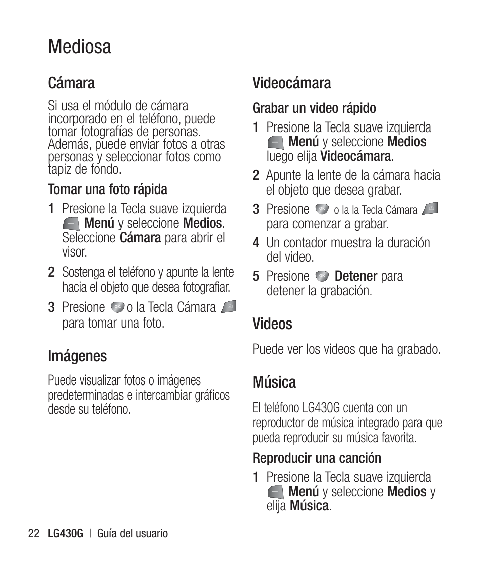 Mediosa, Cámara, Imágenes | Videocámara, Videos, Música | LG LG430G User Manual | Page 81 / 121