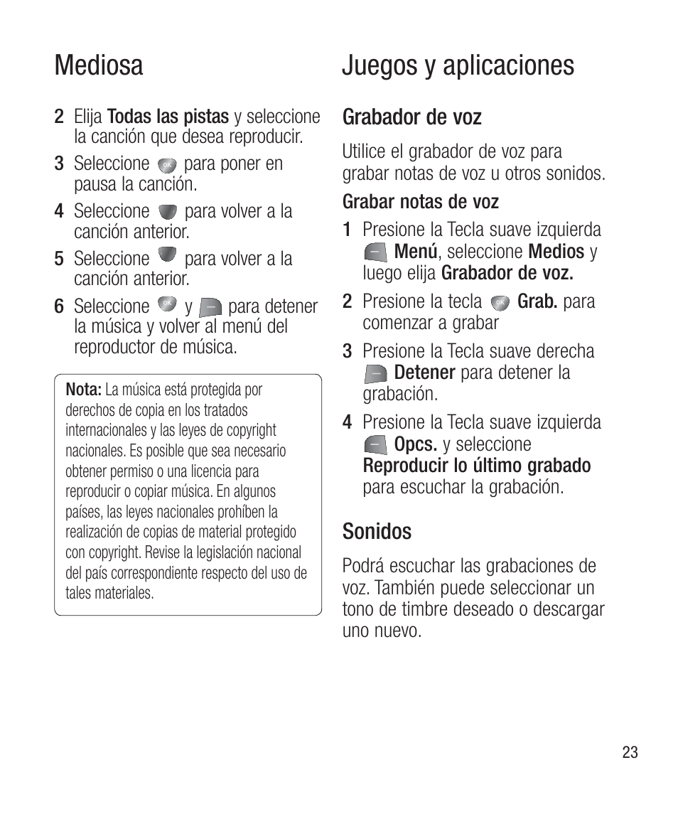 Juegos y aplicaciones, Grabador de voz, Sonidos | Mediosa | LG LG430G User Manual | Page 82 / 121
