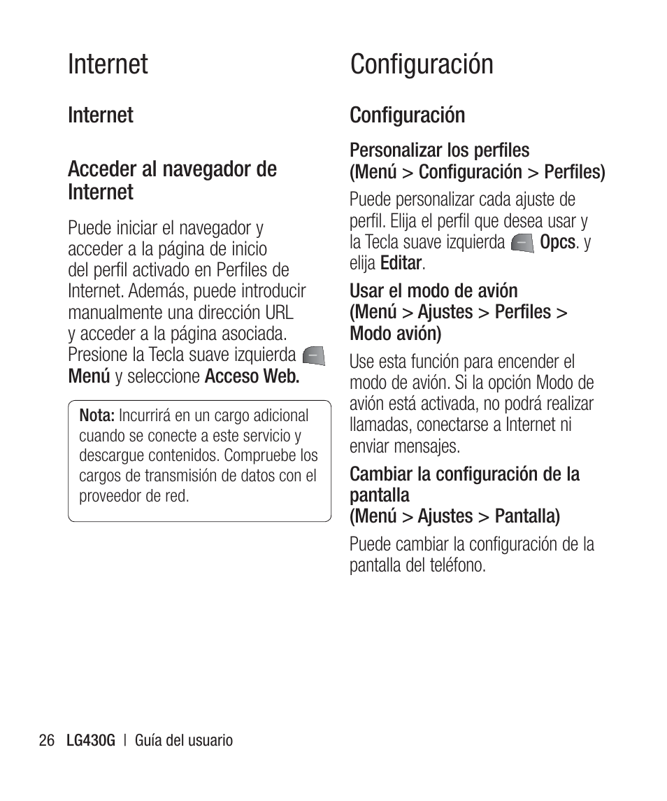 Internet, Acceder al navegador deinternet, Configuración | Internet conﬁguración | LG LG430G User Manual | Page 85 / 121