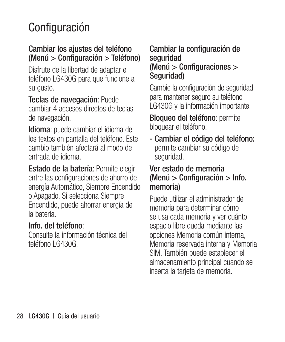 Conﬁguración | LG LG430G User Manual | Page 87 / 121