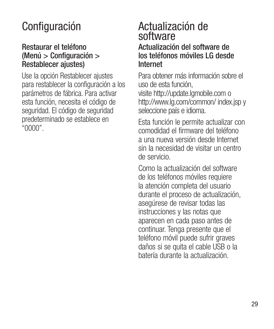 Actualización desoftware, Actualización de software, Conﬁguración | LG LG430G User Manual | Page 88 / 121