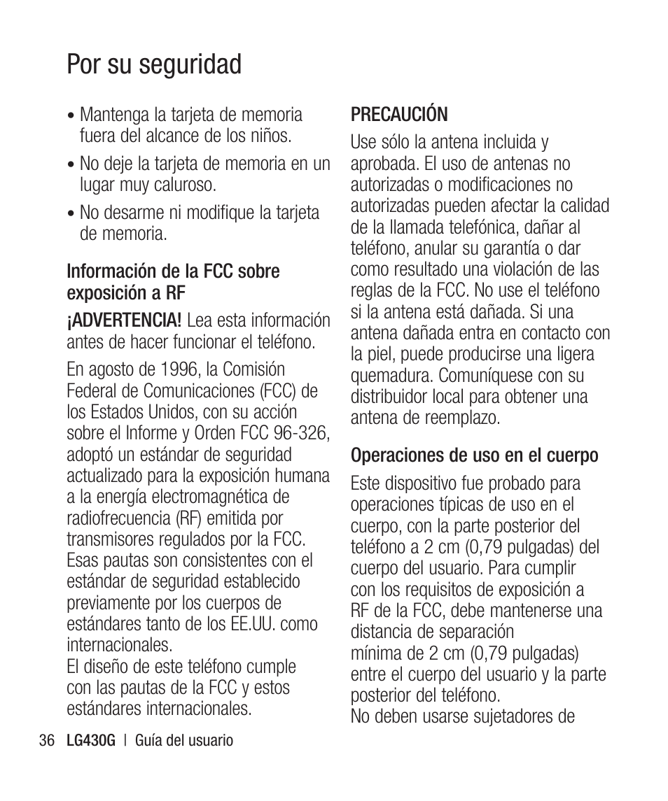 Por su seguridad | LG LG430G User Manual | Page 95 / 121