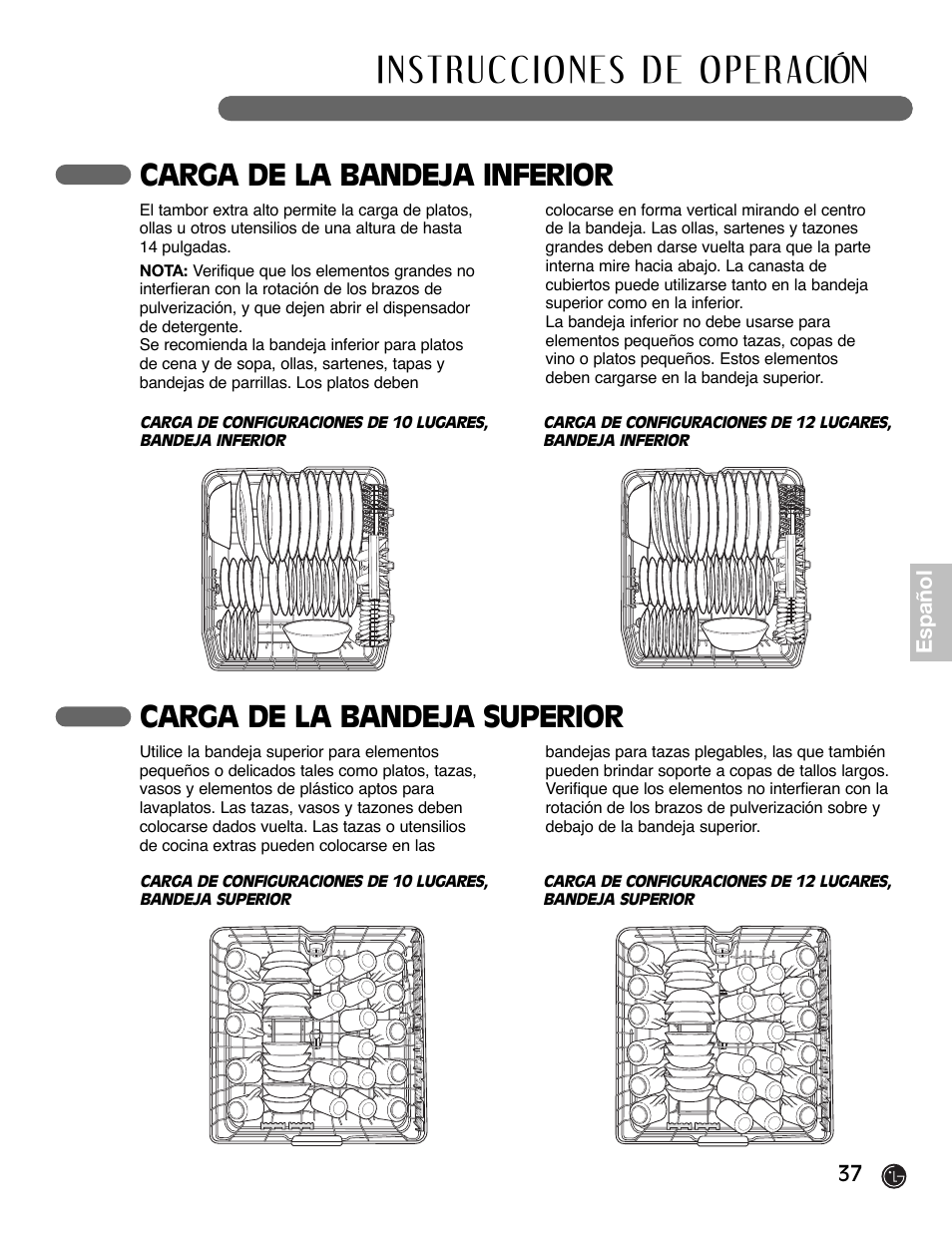 Carga de la bandeja inferior, Carga de la bandeja superior | LG LDF6920BB User Manual | Page 37 / 72