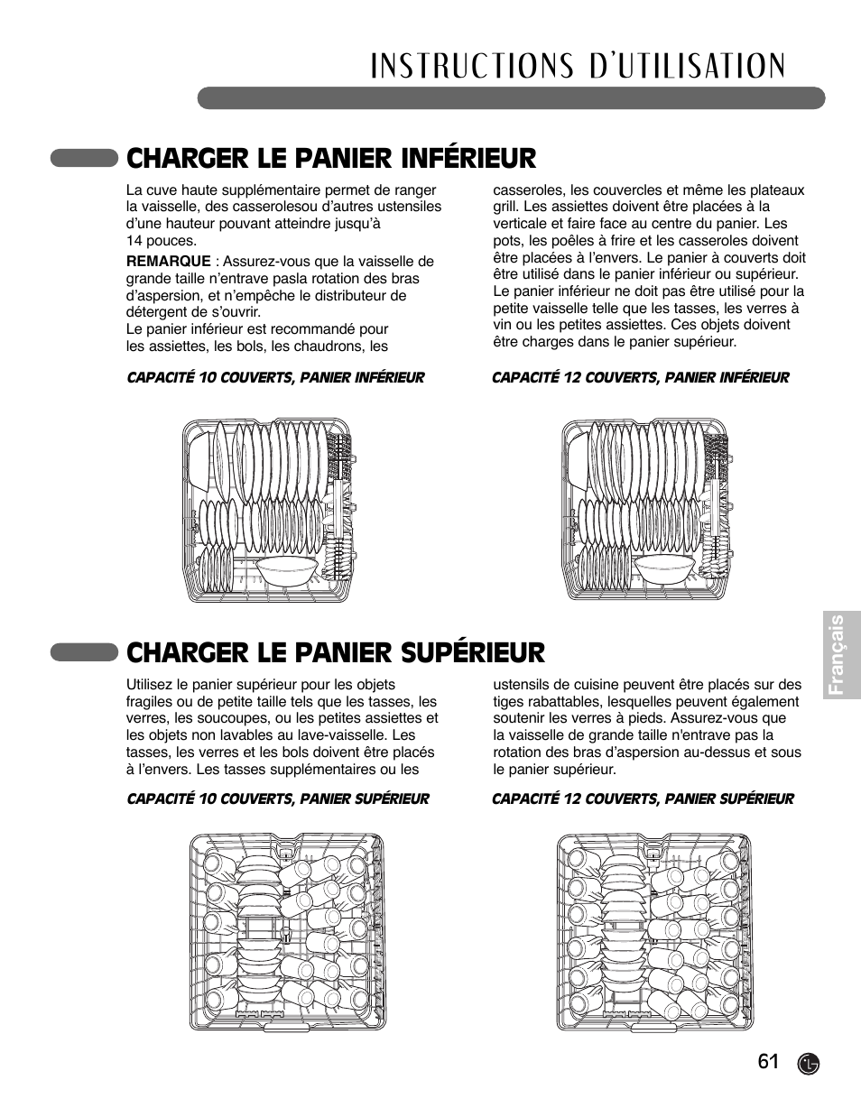 Charger le panier inférieur, Charger le panier supérieur | LG LDF6920BB User Manual | Page 61 / 72