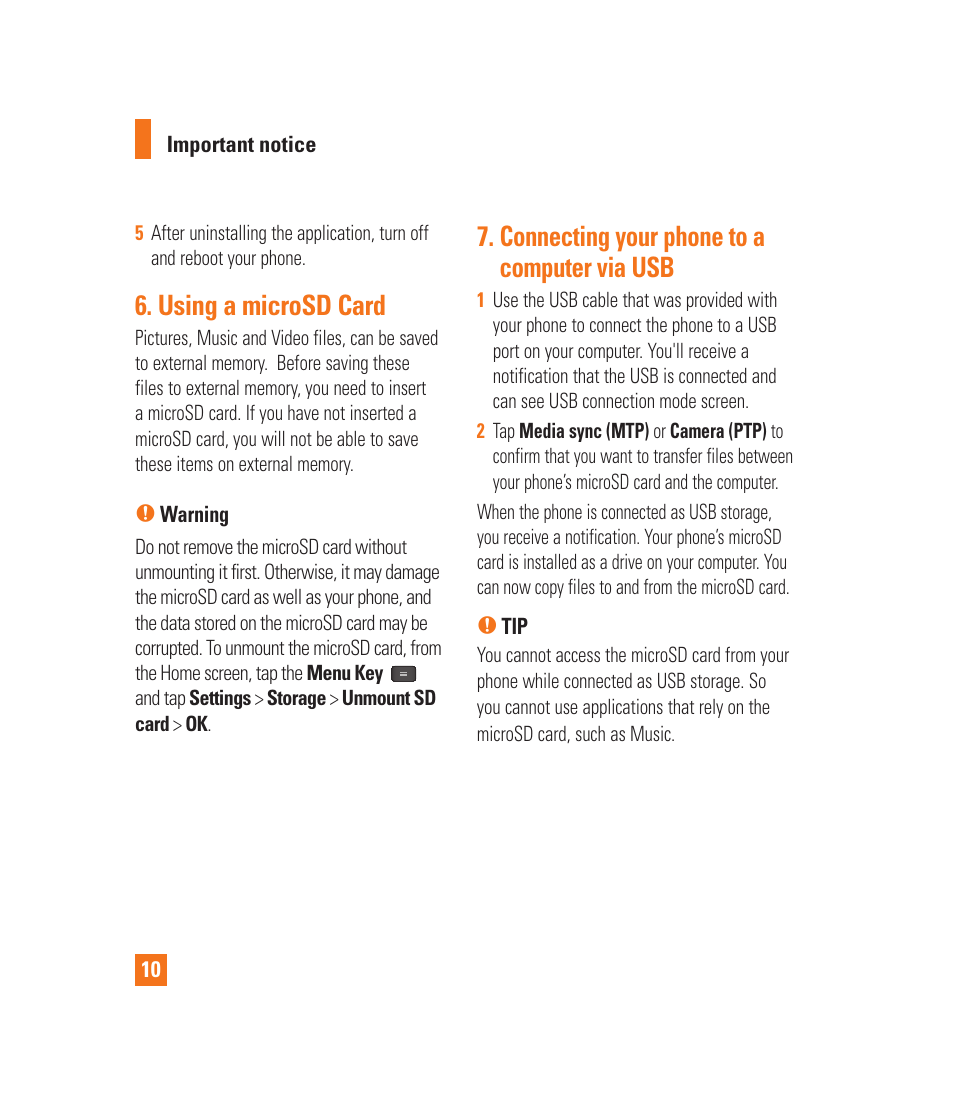 Using a microsd card, Connecting your phone to a computer via usb | LG P870 User Manual | Page 10 / 110