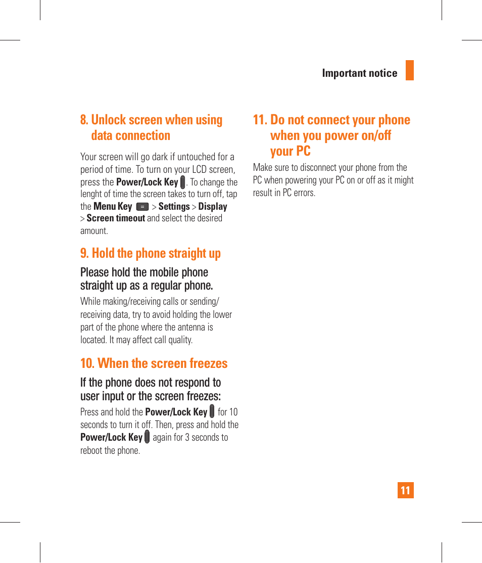 Unlock screen when using data connection, Hold the phone straight up, When the screen freezes | LG P870 User Manual | Page 11 / 110
