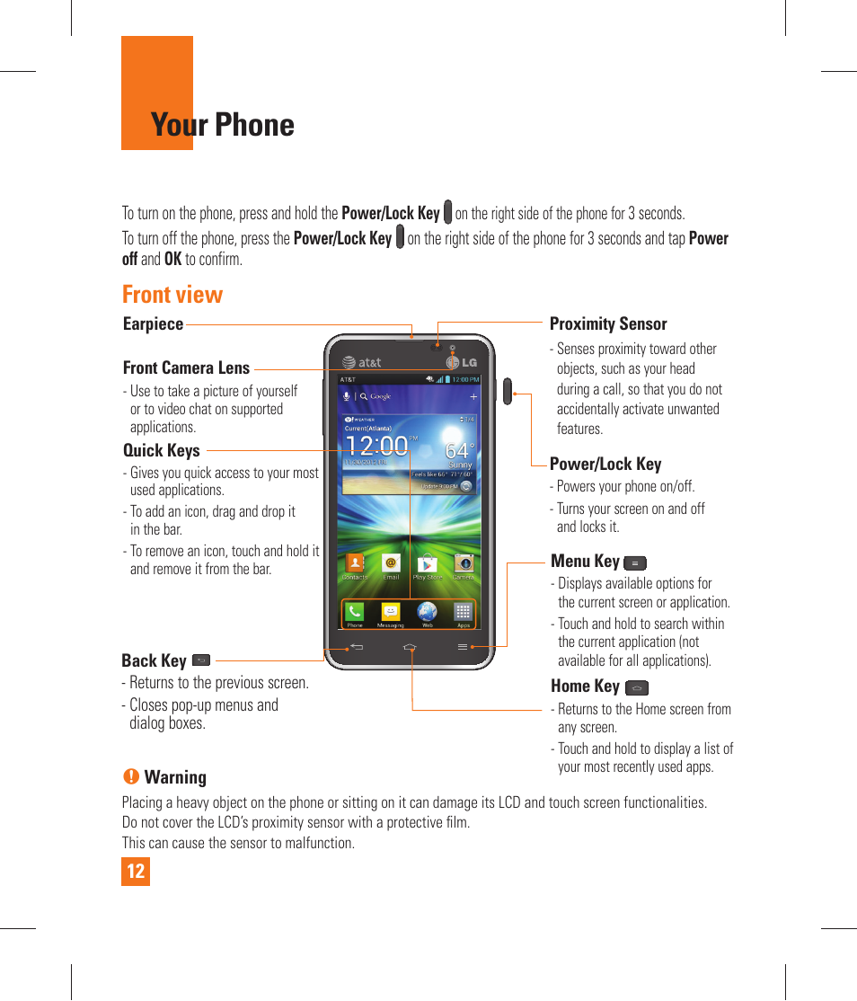 Your phone, Front view, Installing the sim card and battery | LG P870 User Manual | Page 12 / 110
