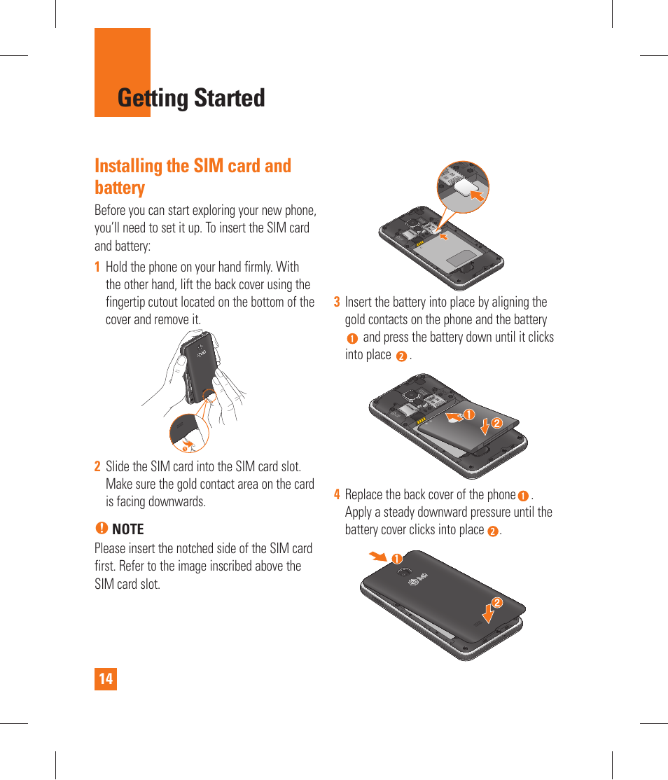 Getting started, Inserting a microsd card, Removing the microsd card | Installing the sim card and battery | LG P870 User Manual | Page 14 / 110