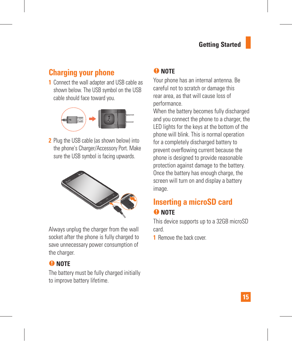 Charging your phone, Inserting a microsd card, Formatting the microsd card | Switching between and exiting | LG P870 User Manual | Page 15 / 110