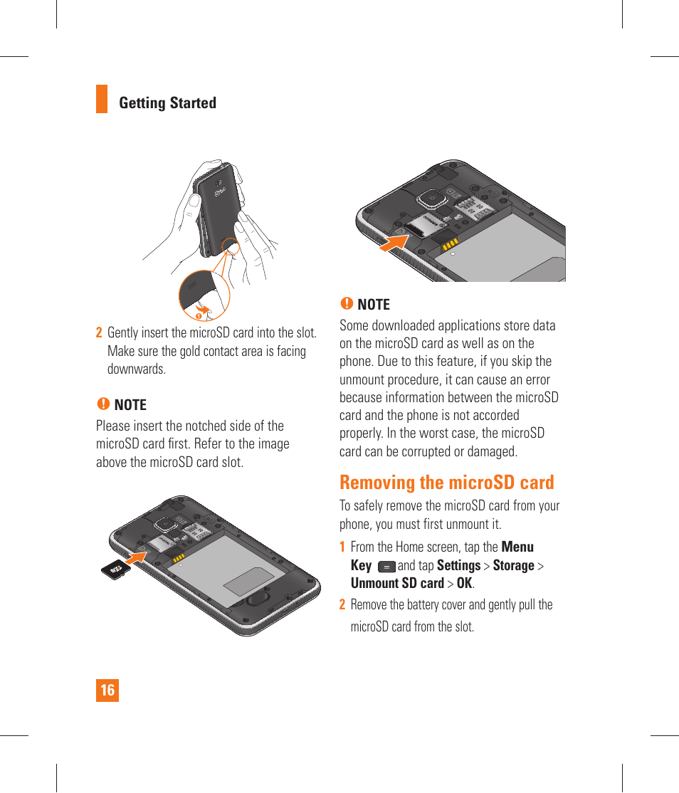 Removing the microsd card, Applications | LG P870 User Manual | Page 16 / 110