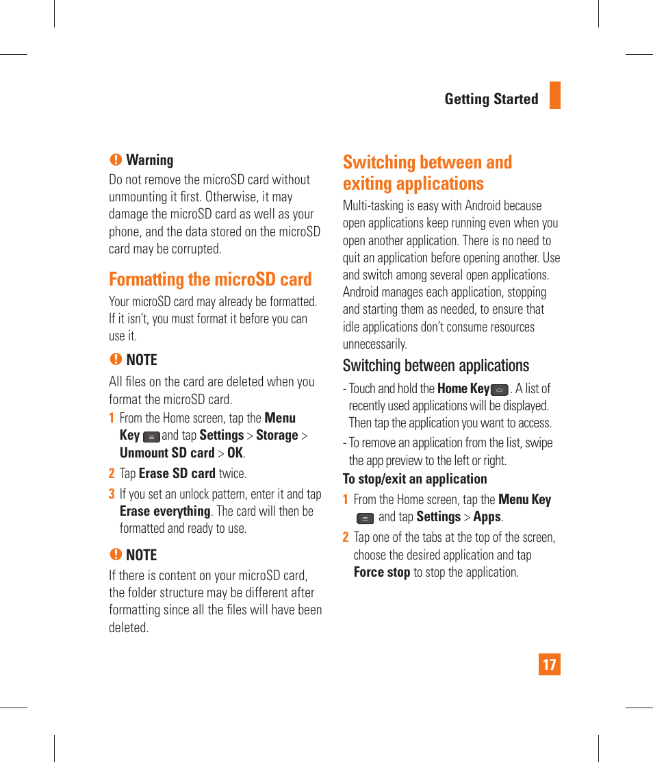 Formatting the microsd card, Switching between and exiting applications, Your home screen | Touch screen tips, Switching between applications | LG P870 User Manual | Page 17 / 110