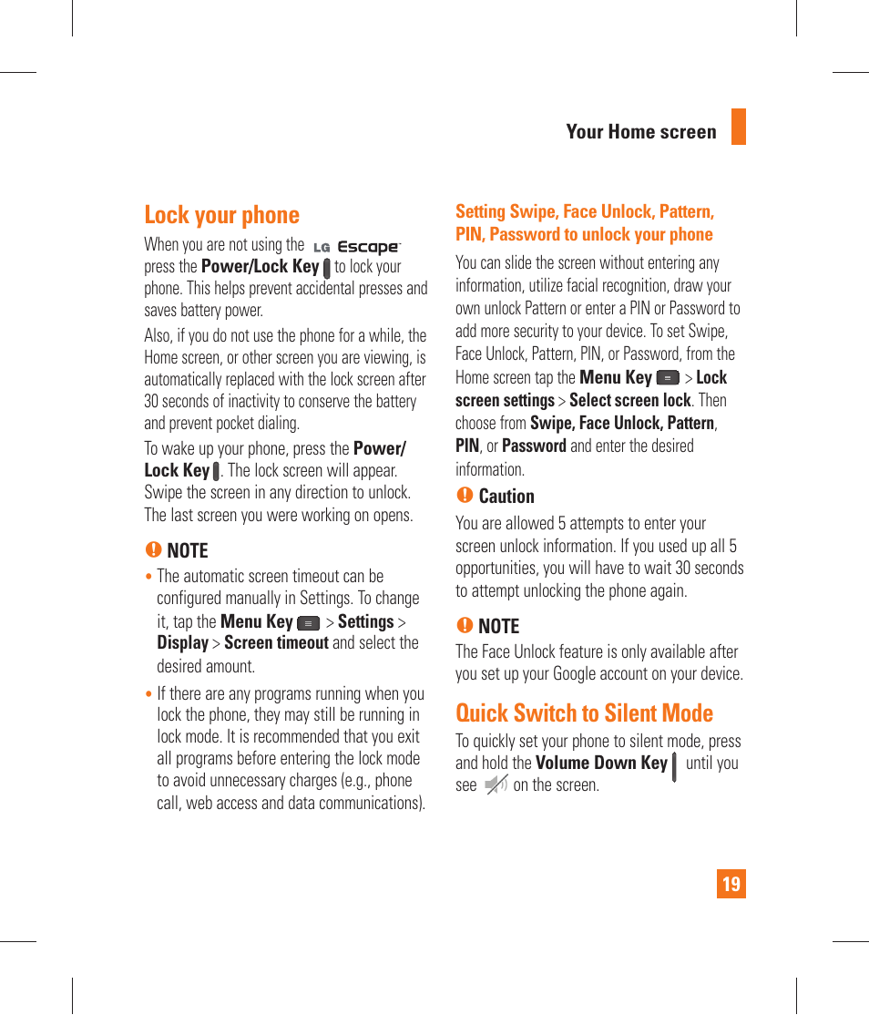 Lock your phone, Quick switch to silent mode, Customizing your home screen | Customizing app icons on the home | LG P870 User Manual | Page 19 / 110