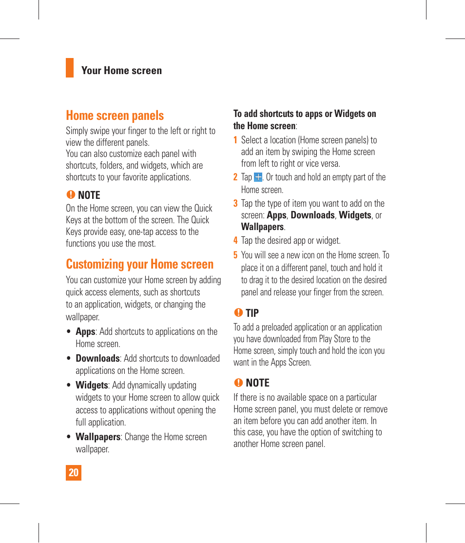 Home screen panels, Customizing your home screen, Screen | Getting back to a recently used | LG P870 User Manual | Page 20 / 110