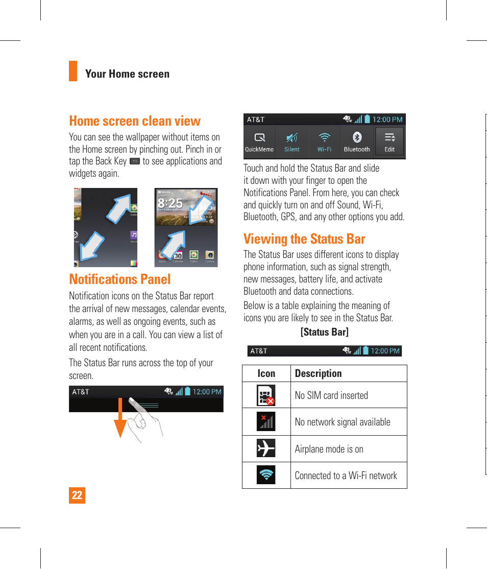Home screen clean view, Notifications panel, Viewing the status bar | Entering accented letters | LG P870 User Manual | Page 22 / 110