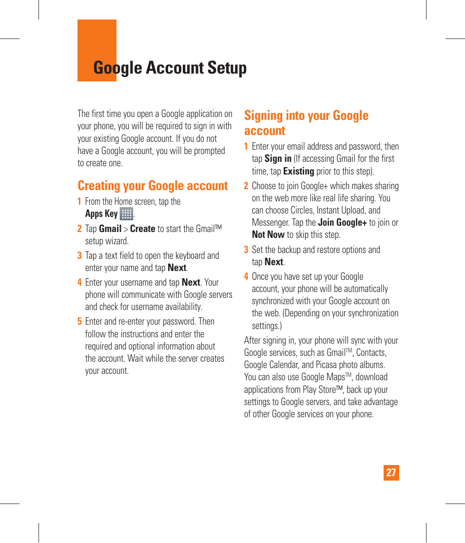 Google account setup, Creating your google account, Signing into your googleaccount | Making a call, Signing into your google account | LG P870 User Manual | Page 27 / 110