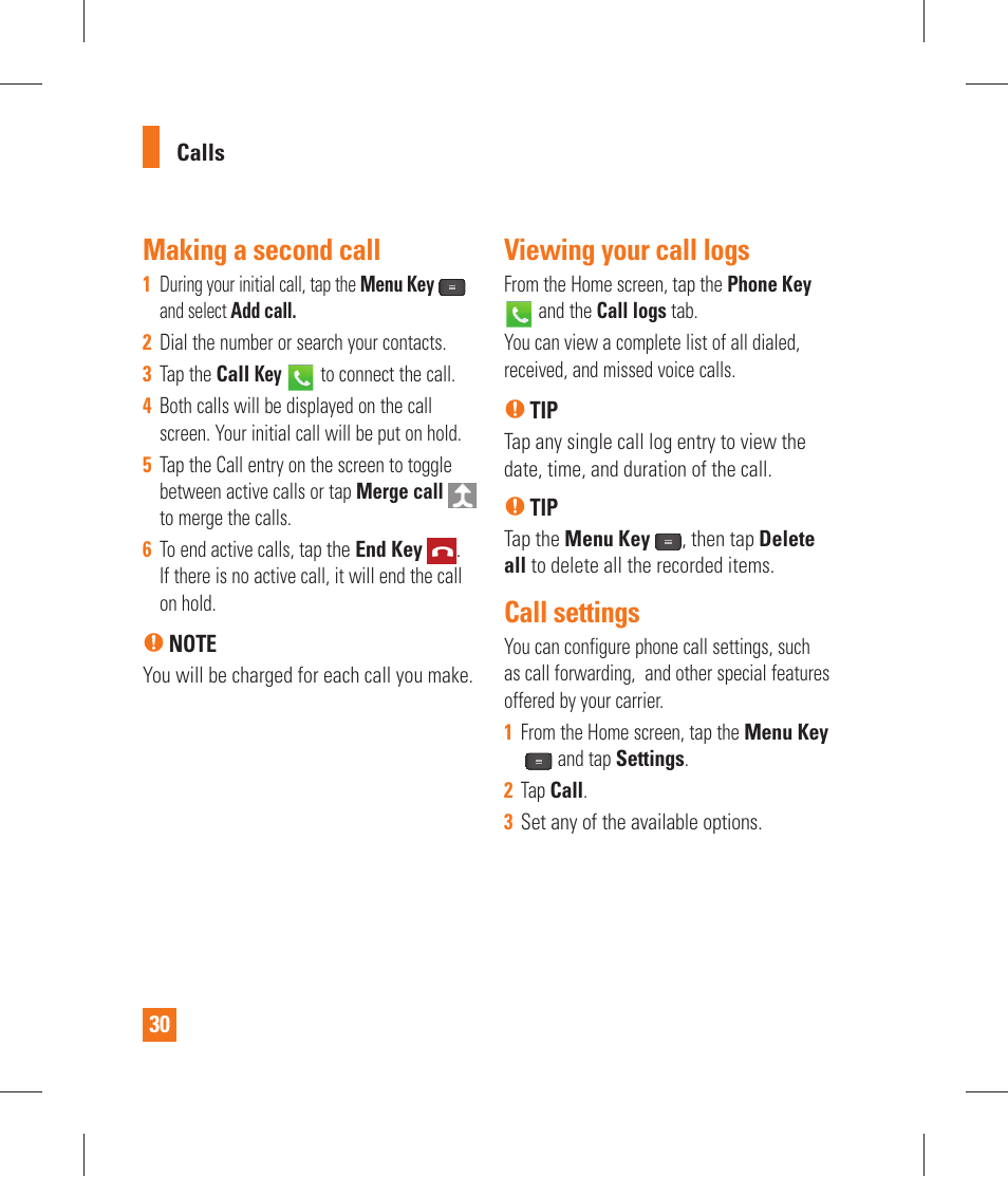 Making a second call, Viewing your call logs, Call settings | Contacts, Searching for a contact, Adding a new contact | LG P870 User Manual | Page 30 / 110