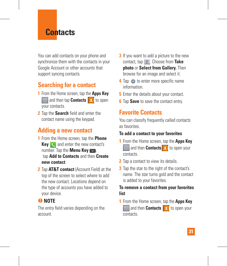 Contacts, Searching for a contact, Adding a new contact | Favorite contacts, At&t address book (aab), Messaging/email | LG P870 User Manual | Page 31 / 110