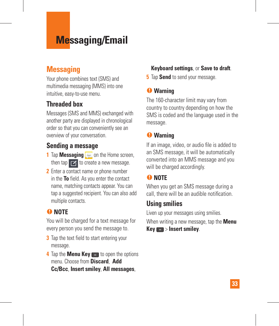 Messaging/email, Messaging, Adding an account to your phone | LG P870 User Manual | Page 33 / 110