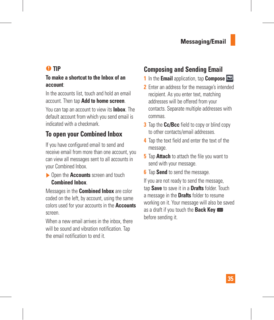 Composing and sending email | LG P870 User Manual | Page 35 / 110