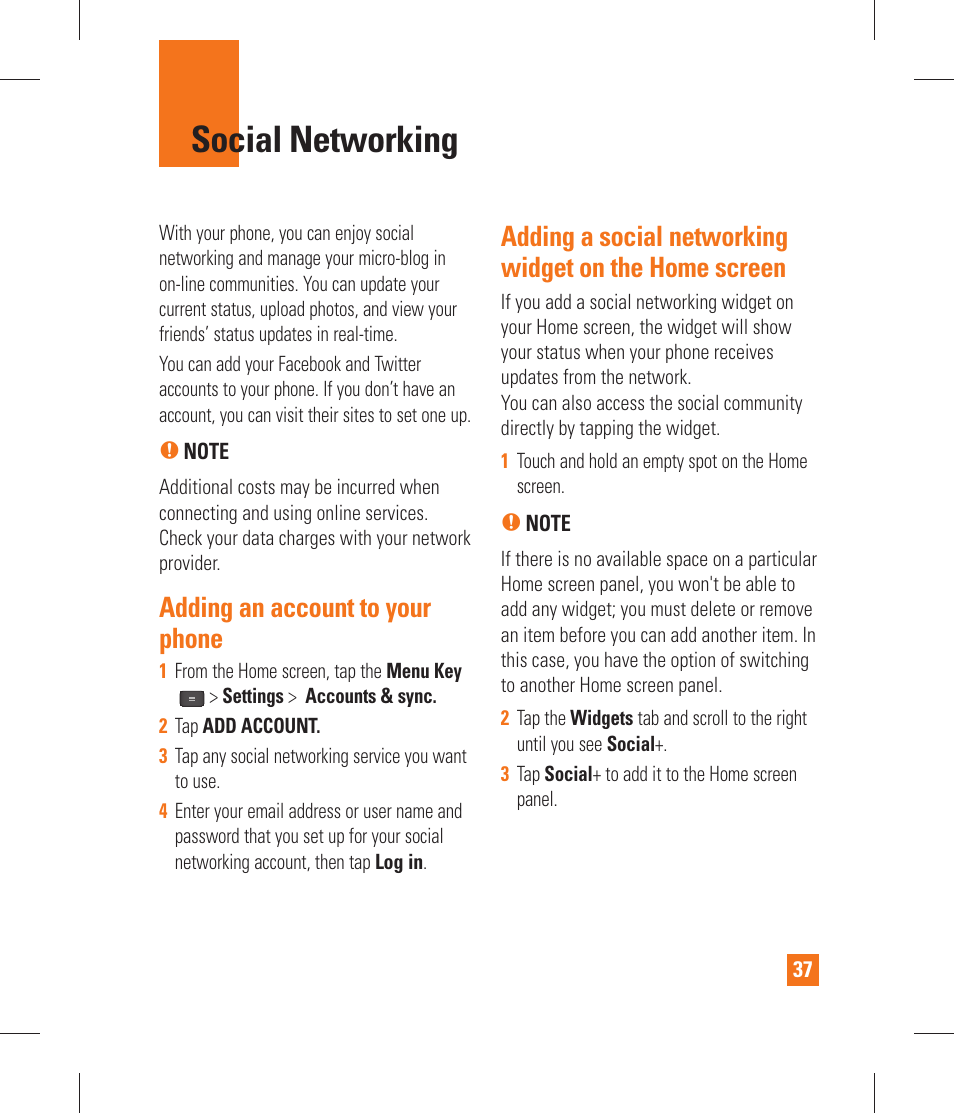 Social networking, Adding an account to yourphone, Syncing accounts on your phone | Removing accounts on your phone, Adding an account to your phone | LG P870 User Manual | Page 37 / 110