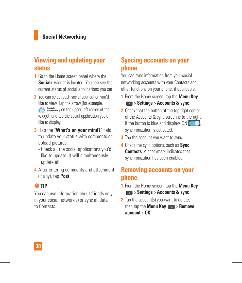 Viewing and updating your status, Syncing accounts on your phone, Removing accounts on your phone | Camera, Getting to know the viewﬁ nder | LG P870 User Manual | Page 38 / 110