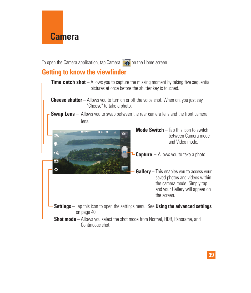 Camera, Getting to know the viewfinder, Once you’ve taken the photo | Using the advanced settings | LG P870 User Manual | Page 39 / 110