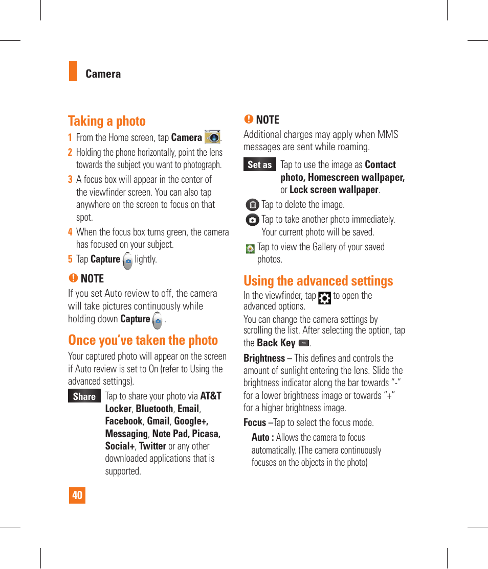 Taking a photo, Once you’ve taken the photo, Using the advanced settings | Viewing your saved photos, Setting a photo as wallpaper, Video camera | LG P870 User Manual | Page 40 / 110