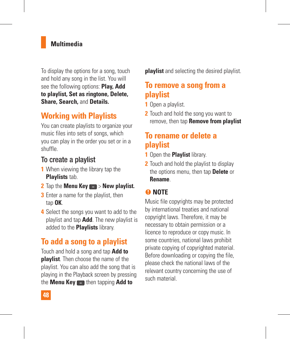 Working with playlists, To add a song to a playlist, To remove a song from a playlist | To rename or delete a playlist, Using smartshare, Google applications | LG P870 User Manual | Page 48 / 110