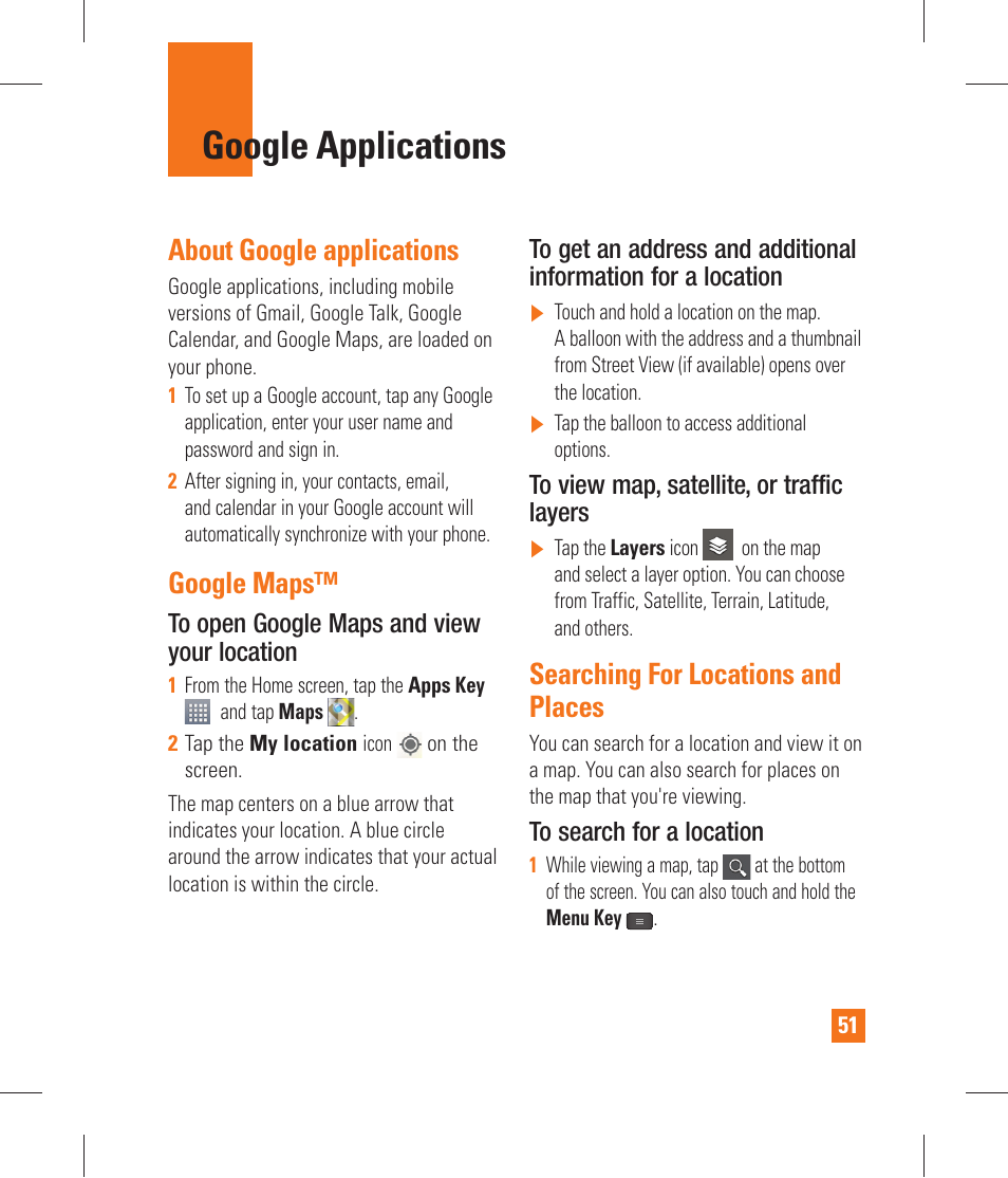 Google applications, About google applications, Google maps | Searching for locations andplaces, Searching for locations and places, Getting directions, Clear map, Latitude | LG P870 User Manual | Page 51 / 110