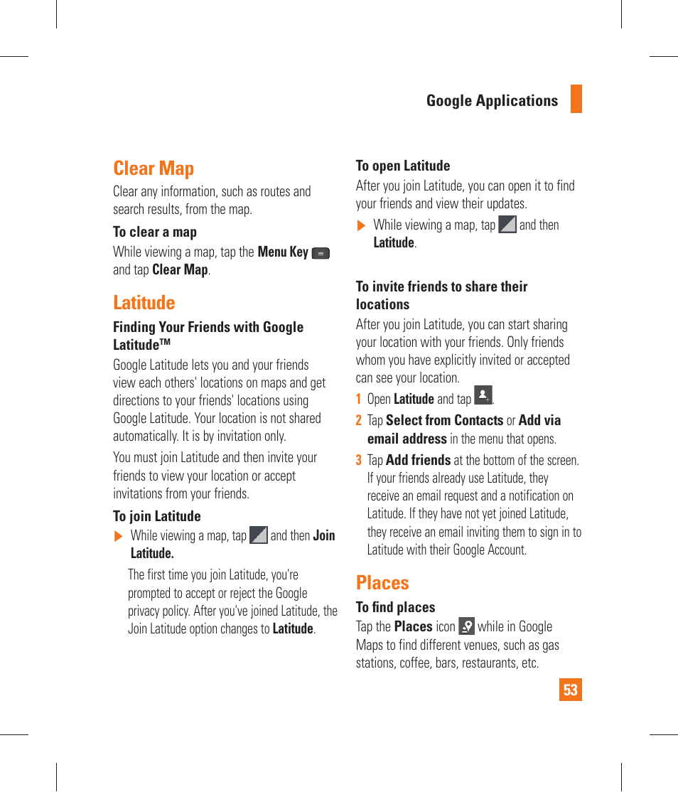 Clear map, Latitude, Places | Play store, Gmail, Google talk | LG P870 User Manual | Page 53 / 110