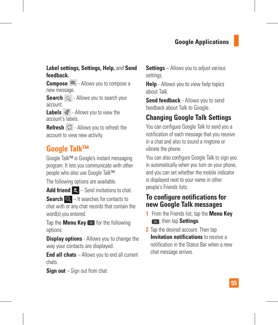 Google talk, Changing google talk settings | LG P870 User Manual | Page 55 / 110