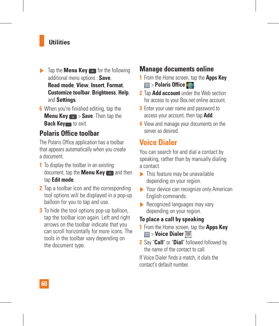 Voice dialer, Polaris office toolbar, Manage documents online | LG P870 User Manual | Page 60 / 110