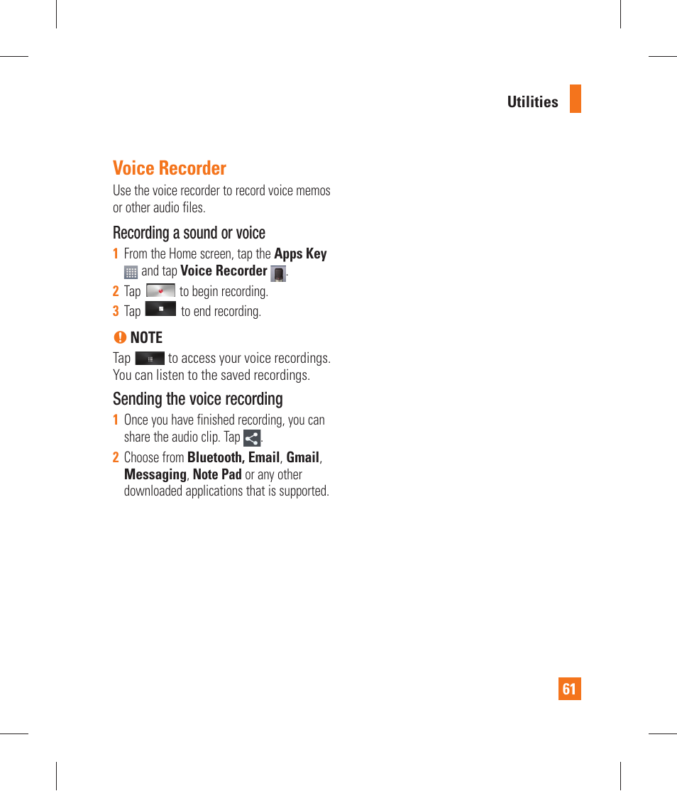 Voice recorder | LG P870 User Manual | Page 61 / 110
