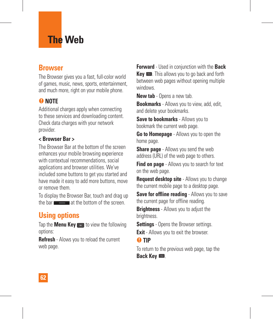 The web, Browser, Using options | Adding bookmarks, Changing the browser settings, Settings | LG P870 User Manual | Page 62 / 110