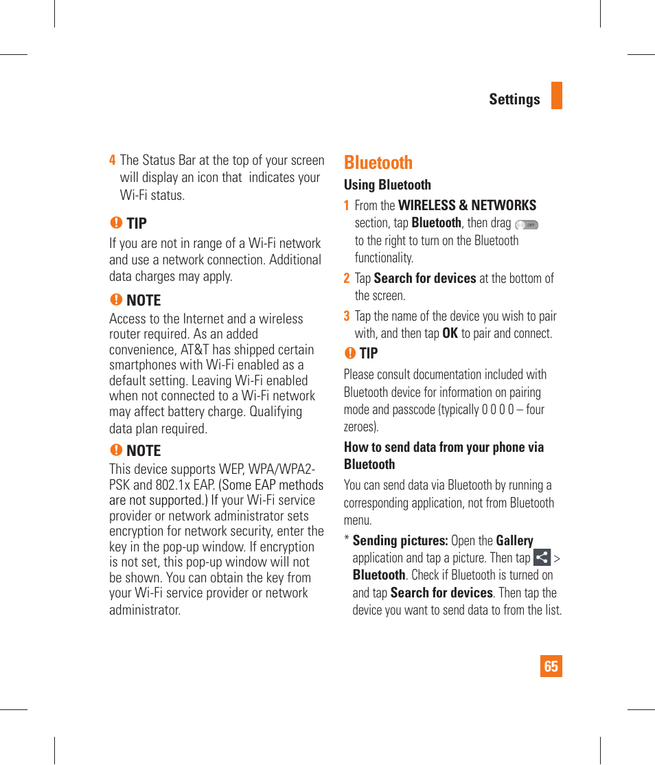 Bluetooth, Portable wi-fi hotspot | LG P870 User Manual | Page 65 / 110