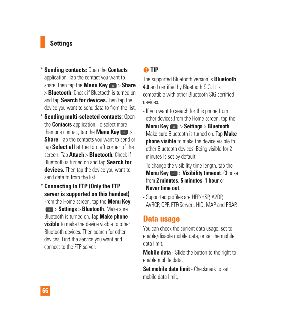 Data usage | LG P870 User Manual | Page 66 / 110