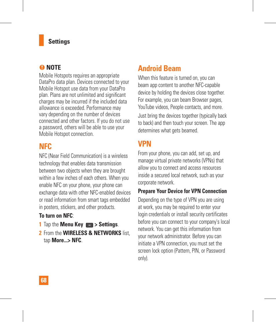 Android beam, Mobile networks, Device | Sound | LG P870 User Manual | Page 68 / 110