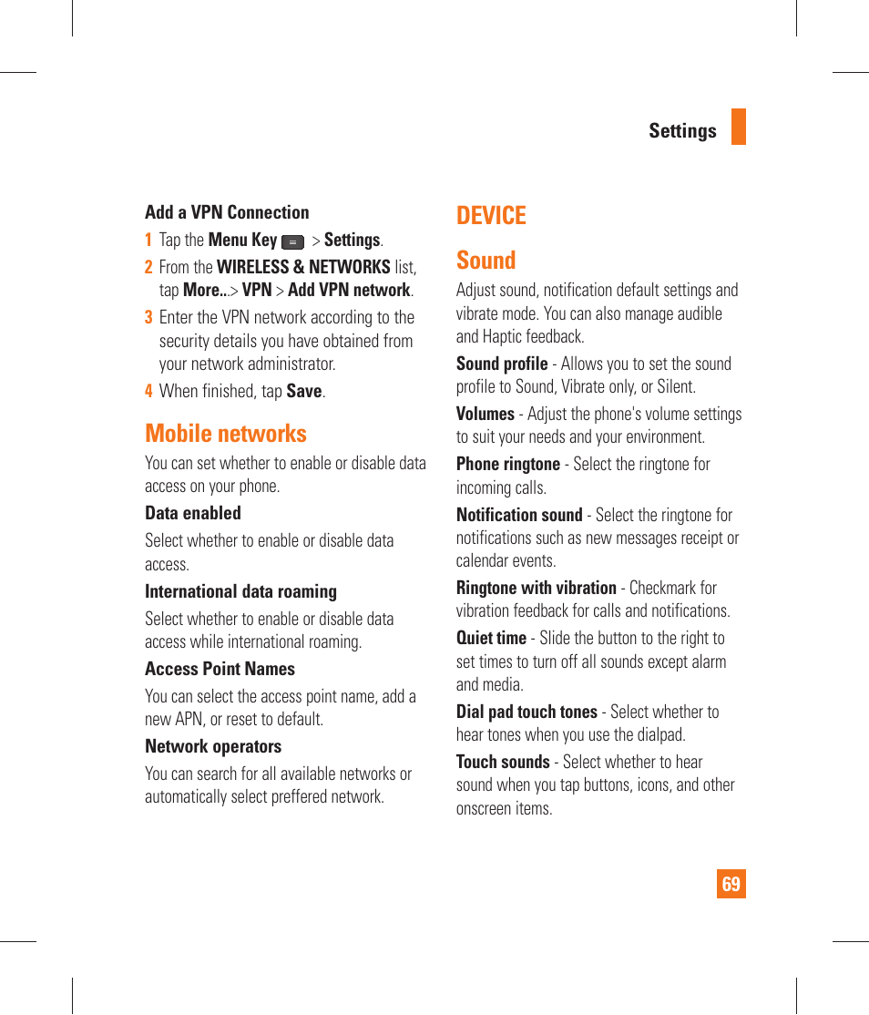 Mobile networks, Device, Sound | Lock screen, Display, Home screen, Device sound | LG P870 User Manual | Page 69 / 110
