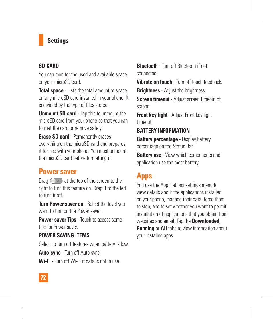 Power saver, Apps, Accounts & sync | Location services | LG P870 User Manual | Page 72 / 110