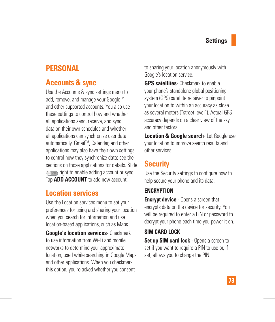 Personal, Accounts & sync, Location services | Security, Personal accounts & sync | LG P870 User Manual | Page 73 / 110