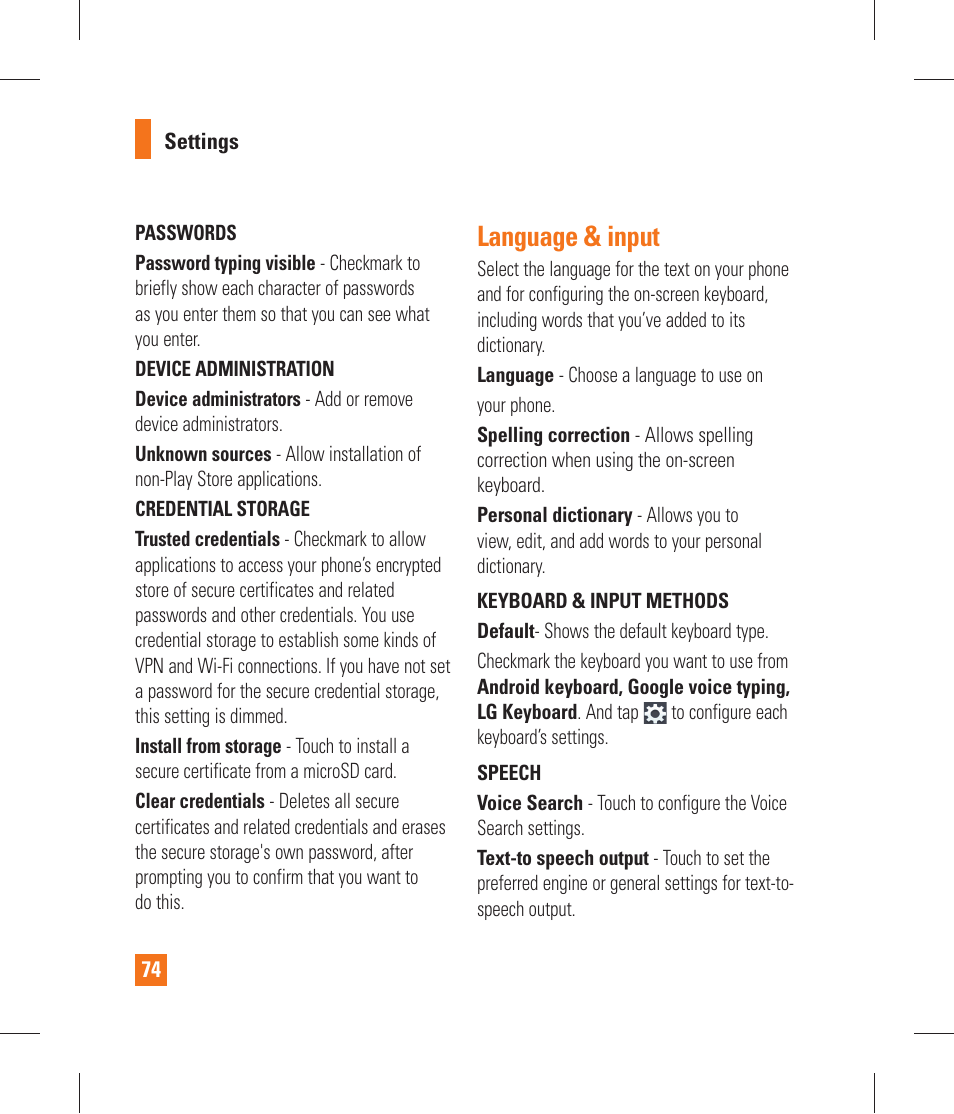 Language & input, Date & time | LG P870 User Manual | Page 74 / 110