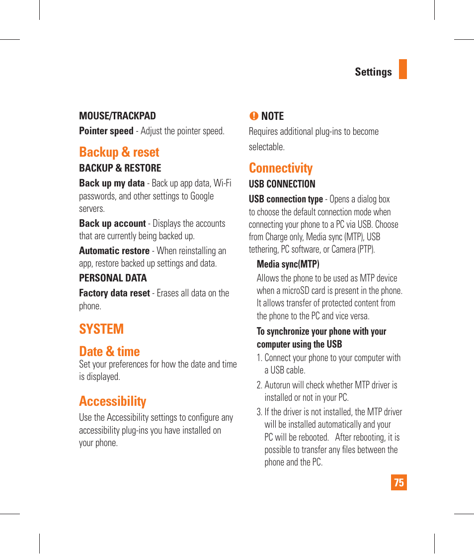 Backup & reset, System, Date & time | Accessibility, Connectivity, 64 wi-fi, Lg on-screen phone 2.1, Developer options, System date & time | LG P870 User Manual | Page 75 / 110