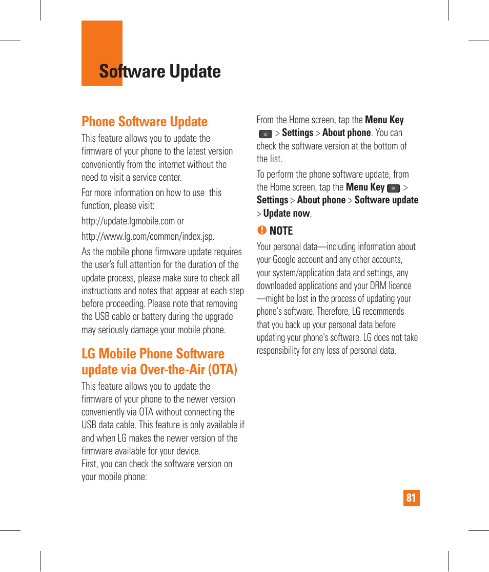 Software update, Phone software update, Over-the-air (ota) | Trademarks | LG P870 User Manual | Page 81 / 110