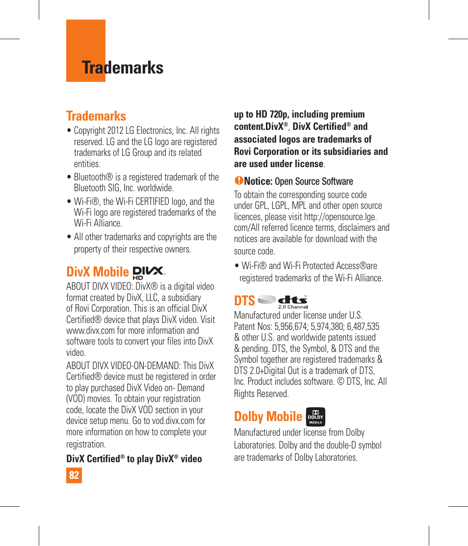 Trademarks, Divx mobile, Dolby mobile | Accessories | LG P870 User Manual | Page 82 / 110