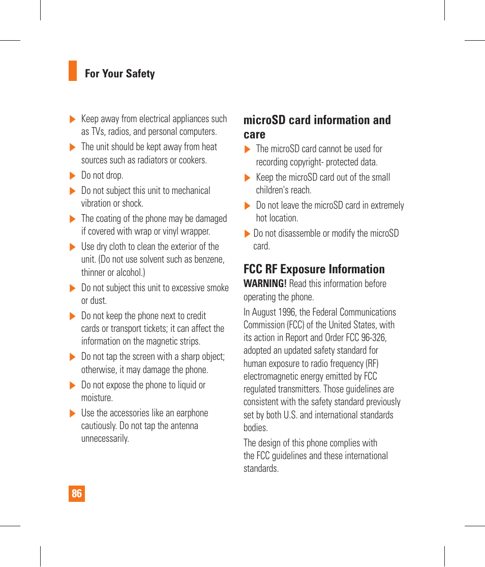 Microsd card information and care, Fcc rf exposure information | LG P870 User Manual | Page 86 / 110