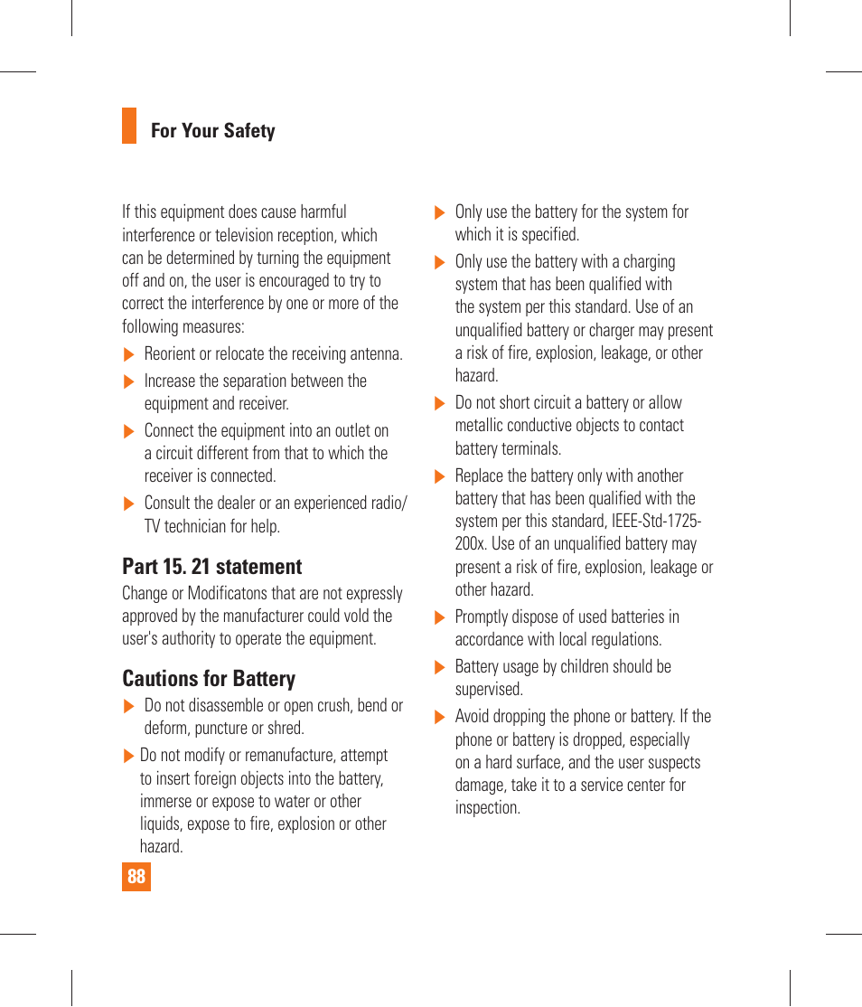 Part 15. 21 statement, Cautions for battery | LG P870 User Manual | Page 88 / 110