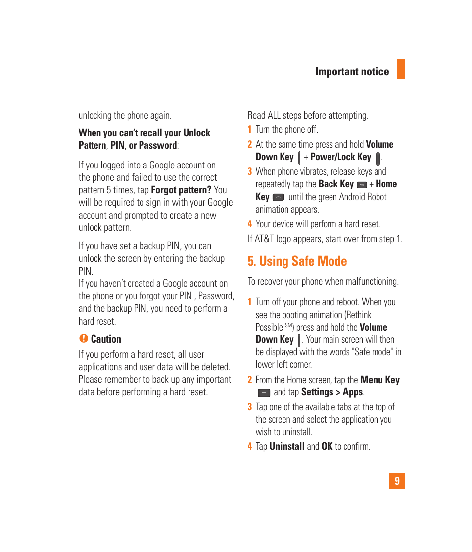 Using safe mode | LG P870 User Manual | Page 9 / 110