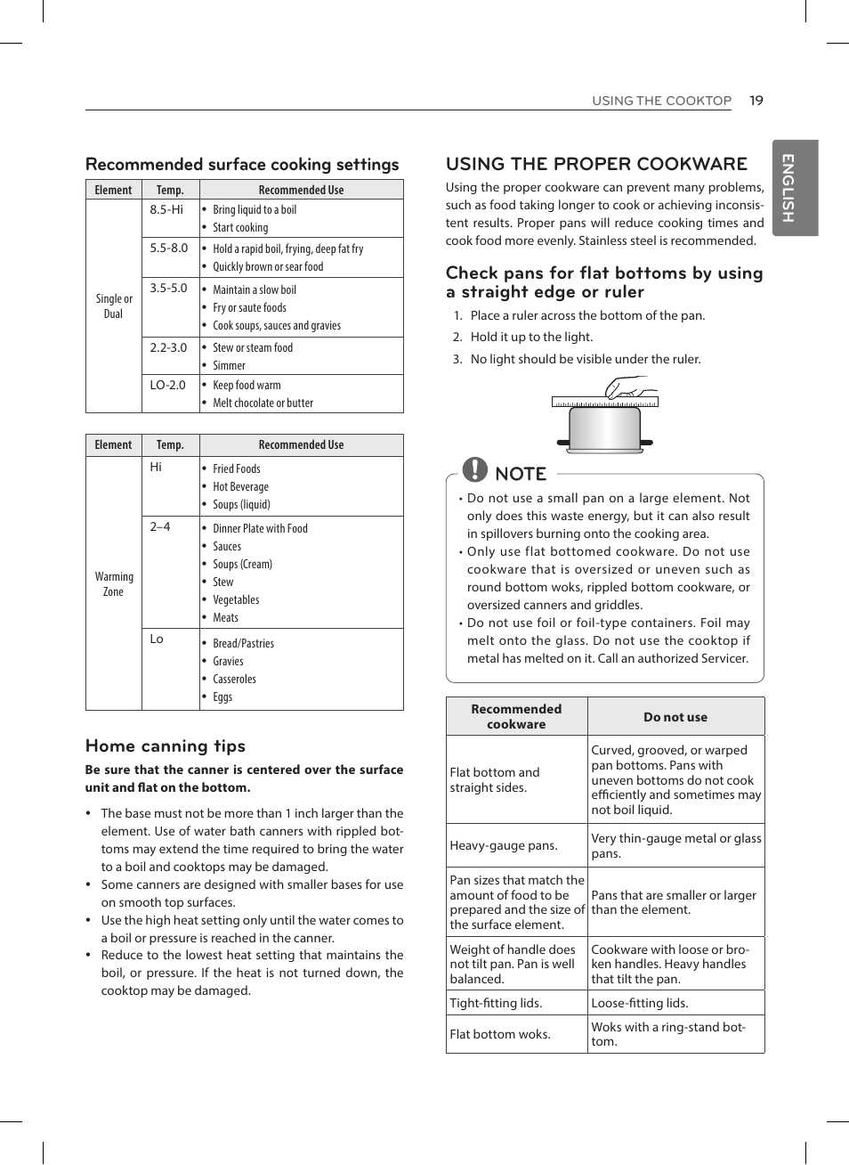 Caution, Recommended surface cooking settings, Home canning tips | Using the proper cookware, English | LG LRE3023SW User Manual | Page 19 / 84