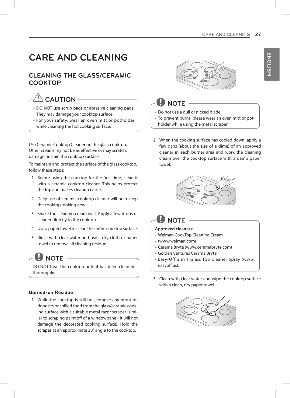 Care and cleaning, Caution, Cleaning the glass/ceramic cooktop | LG LRE3023SW User Manual | Page 27 / 84